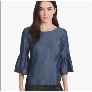 White House Black Market‎ Blue Chambray Flare 3/4 Sleeve Top Shirt Women's 10